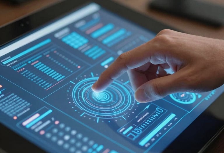 Focused shot of a professional hand interacting with a high-resolution touch interface displaying vibrant blue data visualizations. North American setting.