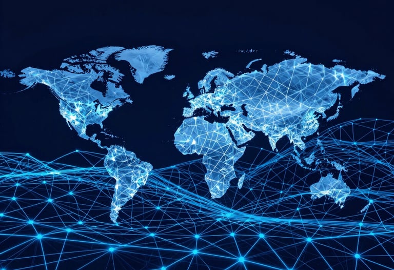 Digital landscape of an abstract network mesh in vibrant blue against a deep navy background, representing global connectivity.