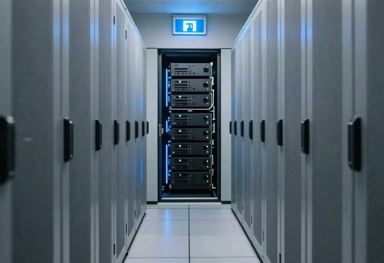 Abstract photography of a server room hallway with perspective lines leading toward a glowing blue exit, representing the path to digital transformation.