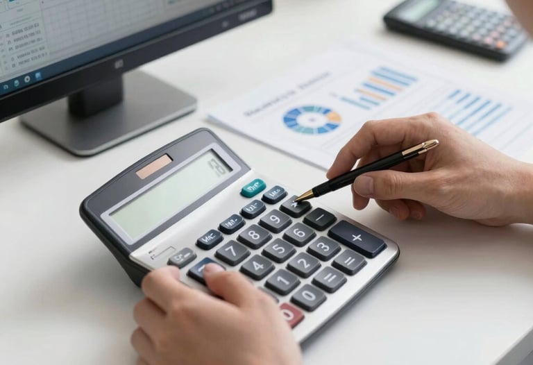 Hands of a professional accountant using a modern calculator and reviewing charts on a screen. The desk is clean and white. High contrast professional lighting.