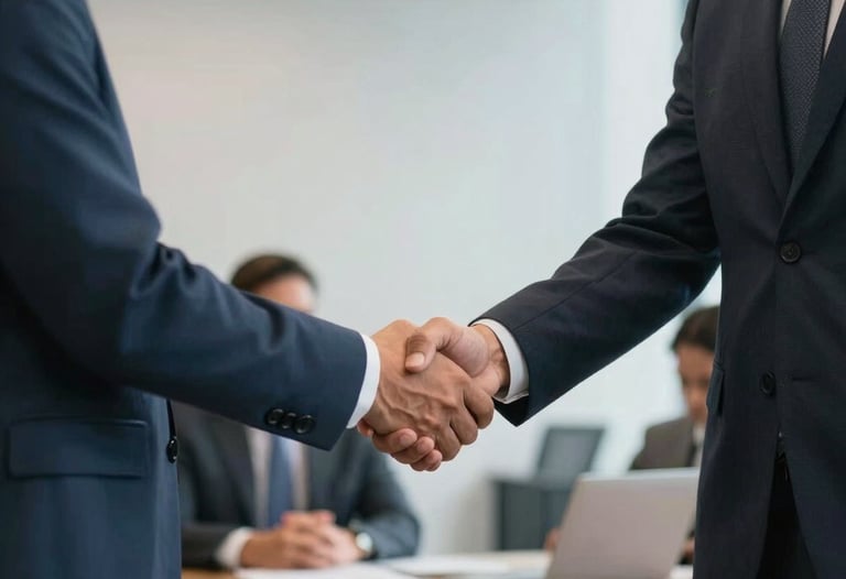 Meeting in a professional office where two people in business attire are shaking hands. The atmosphere is collaborative and trustworthy. Latin American setting.