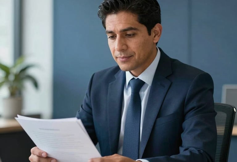 Professional photograph of a Latin American financial advisor in formal attire sitting in a modern office, explaining a document with a calm and confident expression. Tones of steel blue and deep navy in the background.