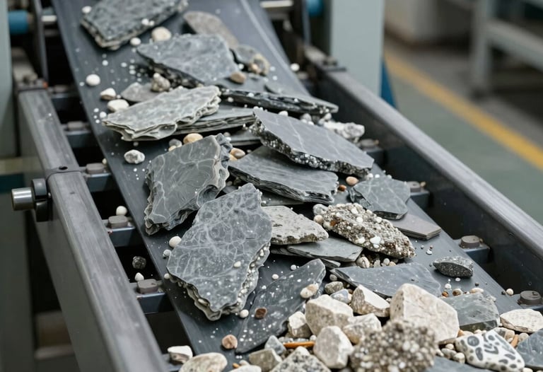 Photography of an industrial sorting conveyor belt at a Gayen facility, vibrating with slate gray and off-white minerals being processed for civil engineering.
