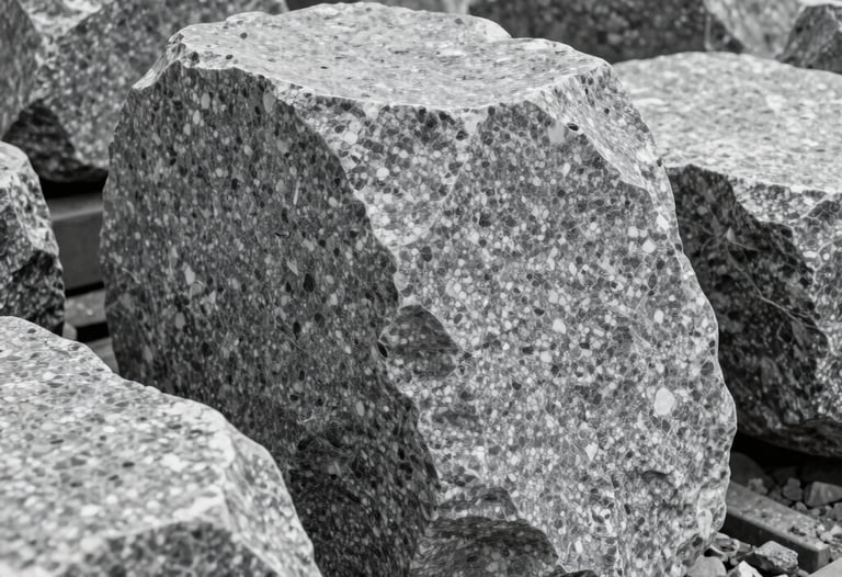 A detailed shot of high-quality North American granite boulders and raw stone at a Gayen Construction processing plant, emphasizing natural texture and industrial precision in a slate gray color palette.