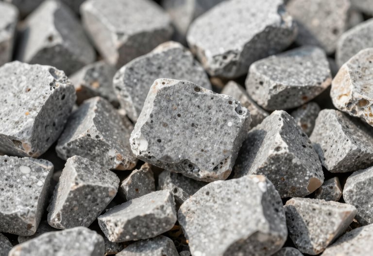 Macro photography of crushed limestone aggregate, showing varied light gray textures and sharp edges, used in heavy-duty North American road paving.