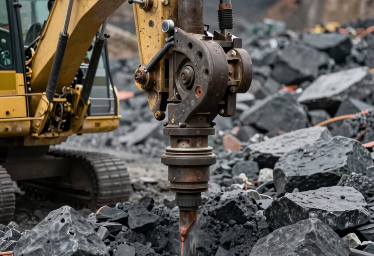 Close-up of a high-power industrial drill rig boring into dark gray stone at a North American extraction site.