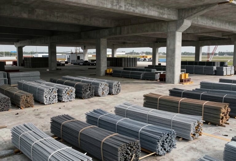 Wide shot of a massive concrete terminal under construction in North America, showing the raw material stockpiles provided by Gayen Construction.