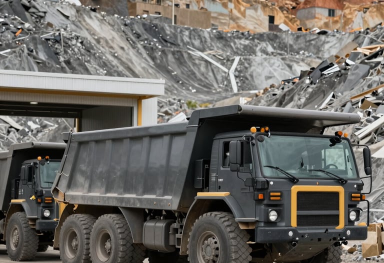 A line of industrial dump trucks in dark charcoal finish waiting to be loaded at a North American quarry entrance.