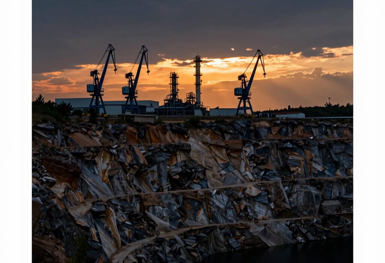 A cinematic sunset over a deep limestone quarry in the US, with the silhouettes of steel blue cranes and processing plants against a deep charcoal sky.