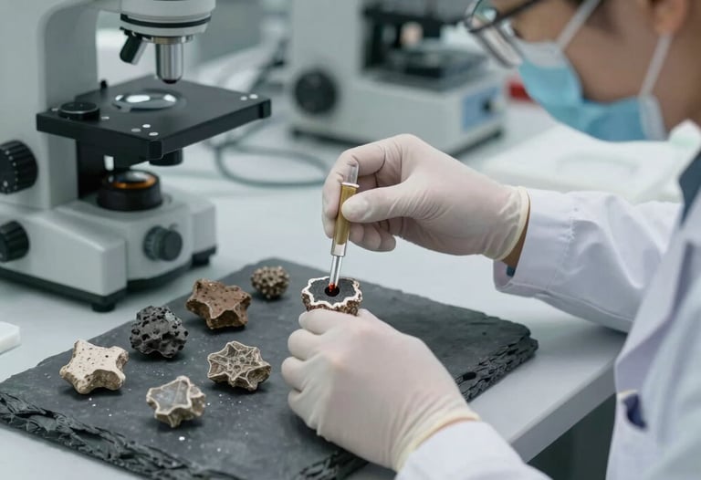 A lab technician in a slate gray industrial setting performing a density test on geological core samples.