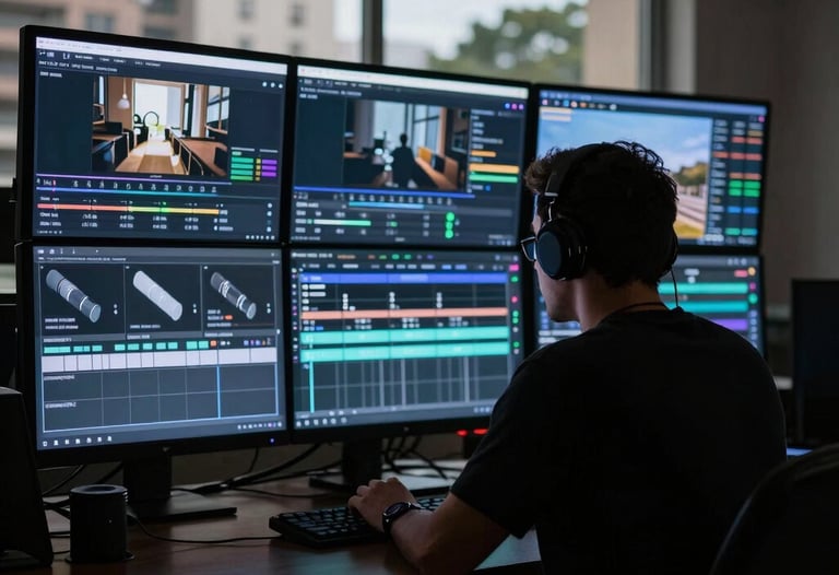 A silhouette of a film editor at work against a wall of glowing screens in a dark room. Brazilian architecture visible through a window in the background.