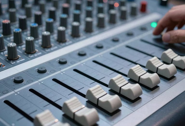 Detailed shot of sound mixing console faders in a high-tech studio. Pale blue lighting reflecting on the metallic surfaces. Atmosphere of precision and focus.