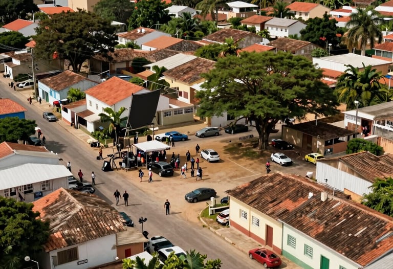 High-angle shot of a film set in a Brazilian town, capturing the scale of the production before the post-processing phase.