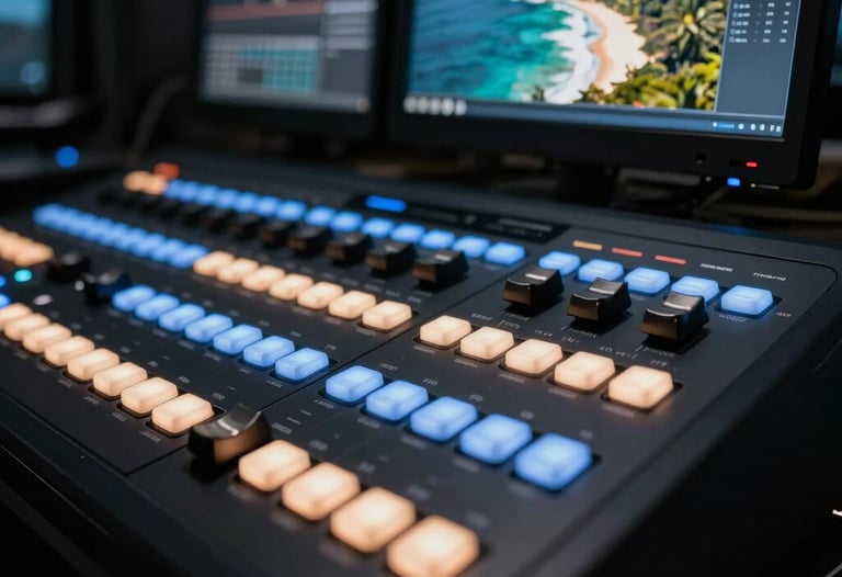 A close-up of a professional color grading control surface in a dark studio. The buttons glow with soft blue and sand light. Cinematic footage of a South American coastline is visible on a high-precision monitor in the blurred background.