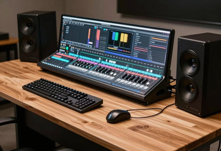 A cinematic shot of a modern editing station in a South American studio. Wood textures, warm lighting, and advanced hardware.