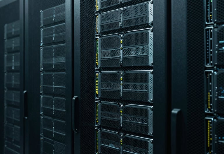 A rack of high-performance servers in a dark, cool data center. Muted teal glow. Representing the technical power and security behind our post-production process.