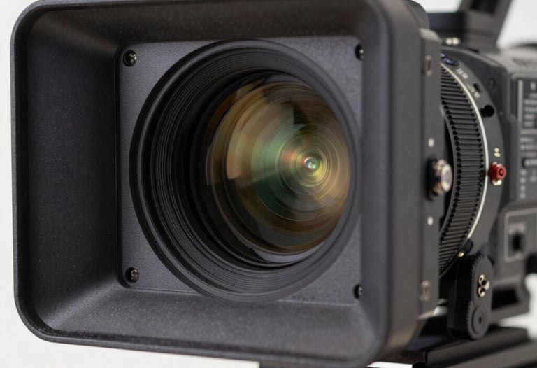 A close-up of a digital cinema camera sensor, reflecting professional studio lights. Clean, high-tech, and sharp.