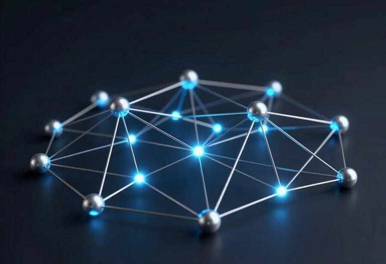 A minimalist, artistic representation of interconnected digital nodes glowing in sky blue and silver. It symbolizes a financial hub network. Dark background, professional finish.