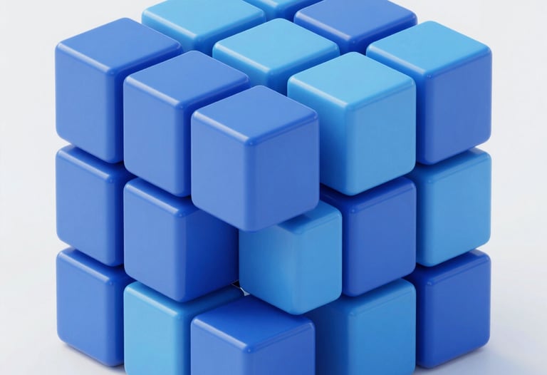 An abstract 3D render of data cubes stacked in a structured but dynamic way, using royal blue and sky blue. It represents infrastructure and solid foundation.