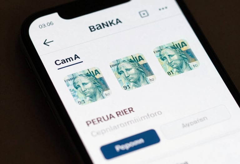 A close-up of a high-resolution smartphone screen showing a clean, modern digital bank interface with Brazilian real currency symbols. Soft studio lighting, focusing on the interface design.