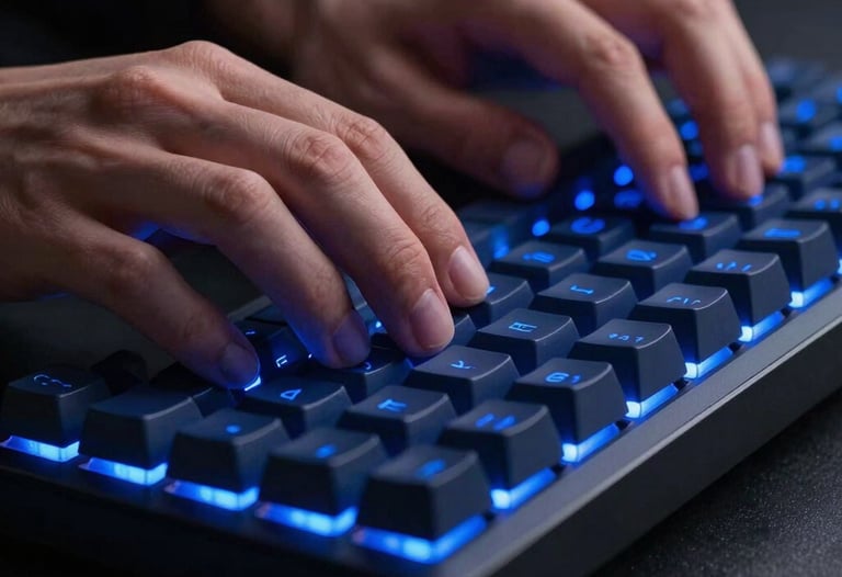 Close-up of a person's hands typing on a high-end mechanical keyboard. Atmospheric lighting with deep blue and royal blue glows from the backlighting.