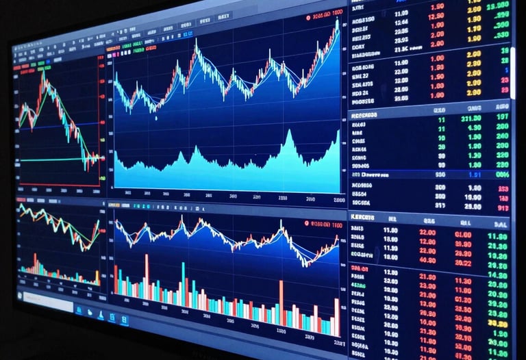 Photography of a large digital dashboard in a dark room, displaying real-time financial charts and graphs in royal blue and sky blue. High contrast, technical atmosphere.