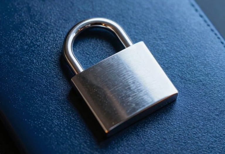 Clean, high-detail macro shot of a metallic surface with light reflecting off sharp edges, representing security and precision in smart contracts. Deep navy and royal blue palette.