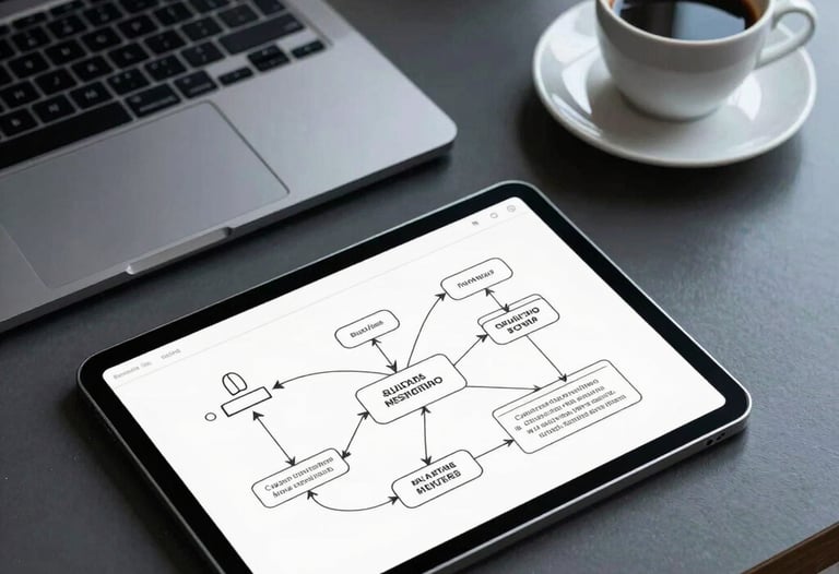 A sleek, top-down view of a designer's desk in a Brazilian tech hub. Includes a tablet with flowcharts and a modern cup of coffee. The lighting is cool and professional.