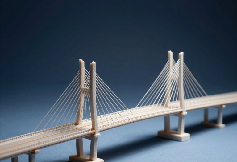 A minimalist studio shot of an architectural model representing a bridge, symbolizing the infrastructure for payments. Lighting is dramatic with deep navy and pale blue highlights.