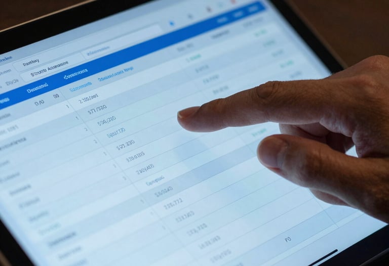 A close-up photograph of a South American professional's hand interacting with a high-tech tablet displaying a complex financial ledger. The lighting is crisp, using royal blue and sky blue tones to highlight the intersection of finance and technology. Professional and sharp aesthetic.