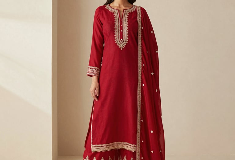 Elegant woman wearing a red silk kurta set with intricate gold embroidery and a matching dupatta.