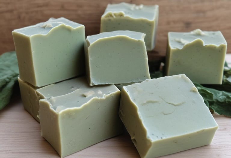 Artisanal soaps in different shapes and subtle natural colors on linen fabric