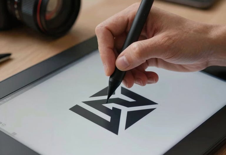 Close-up of a designer's hand using a stylus on a digital drawing tablet, creating a clean geometric logo design in a modern North American studio setting.