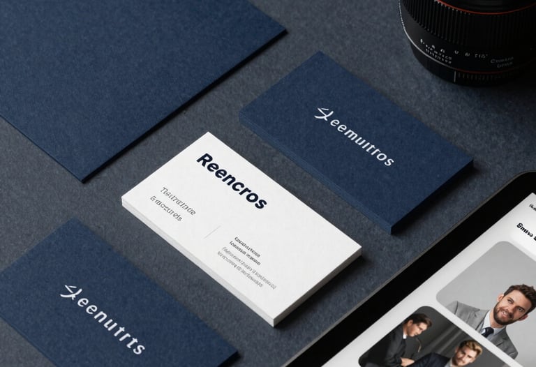 A top-down view of various marketing materials including business cards and a tablet showing social media graphics, all following a consistent dark navy and gray-blue aesthetic.