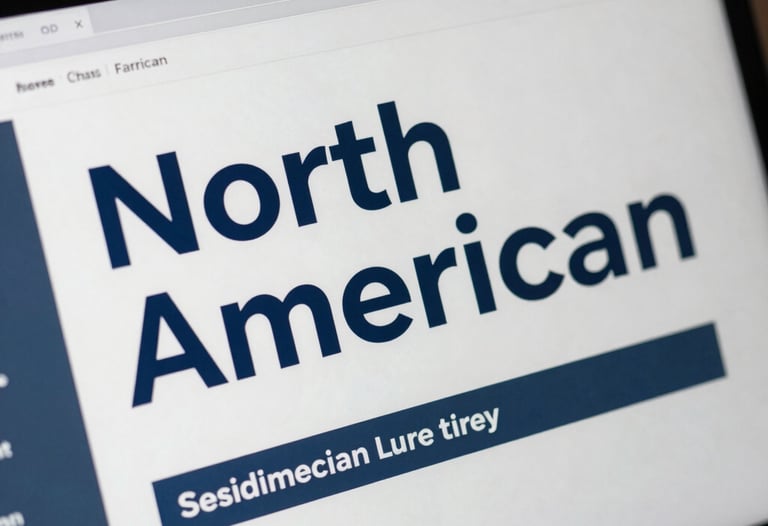A close-up of a marketing deck on a screen with bold typography and clean white and slate blue graphics, North American corporate style.