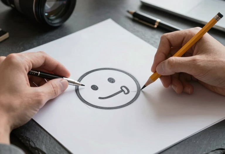 A designer's hand sketching a minimalist icon with a pencil on high-quality paper, surrounded by a modern slate-colored desk setup.