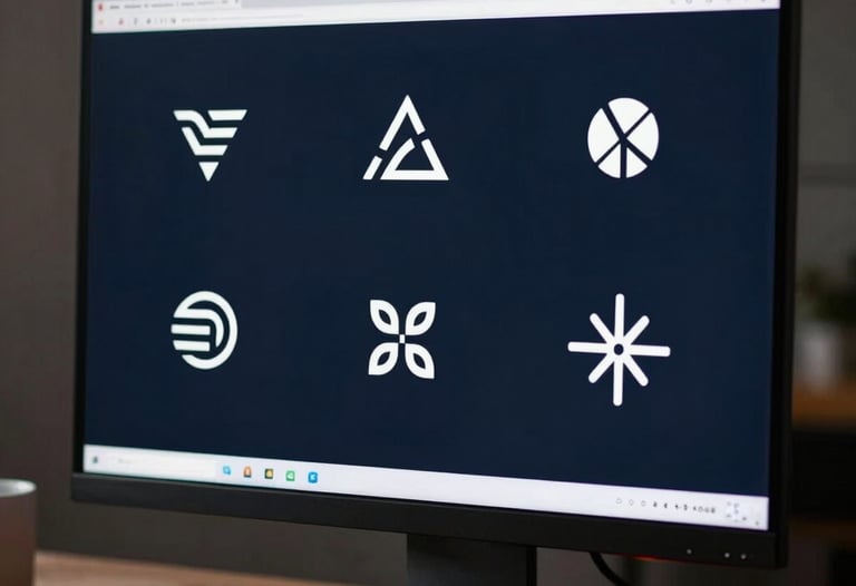 A sleek monitor showing a portfolio of minimalist logos against a dark navy background in a professional North American studio environment.