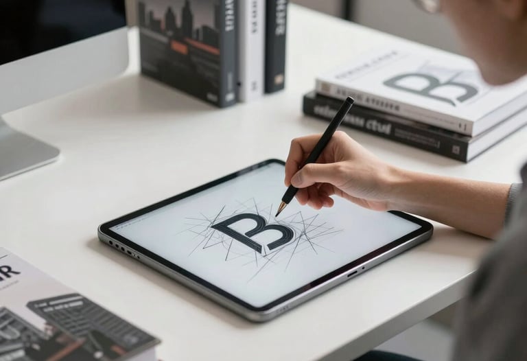 A sleek white workspace with a designer sketching a logo on a tablet, surrounded by high-end design books in a North American urban office.