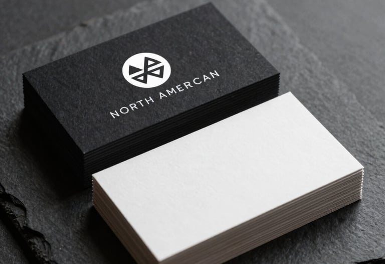 An elegant stack of business cards on a dark slate surface, featuring a minimalist white logo with premium matte finish, North American style.