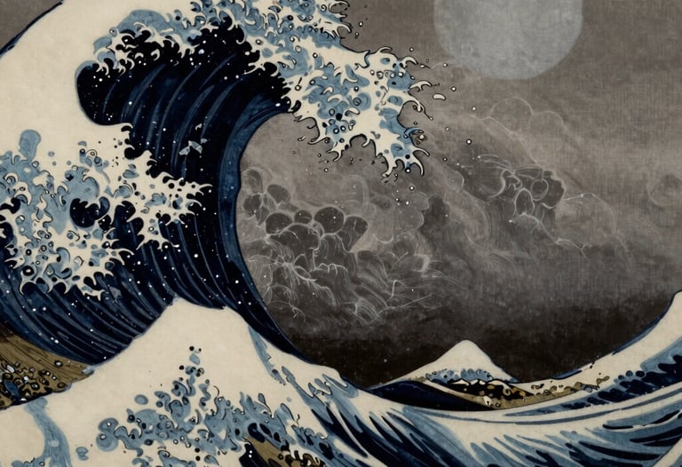 Dramatic photography of stormy ocean waves inspired by Japanese woodblock prints, but in realistic, muted charcoal and silver tones. Deep contrast.