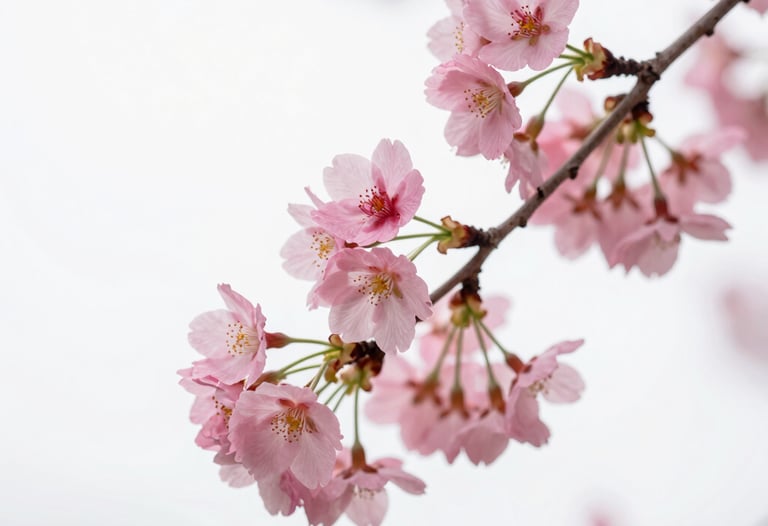 Close-up of a delicate cherry blossom branch with pink flowers against a clean, soft white background. High-key photography, elegant and serene.