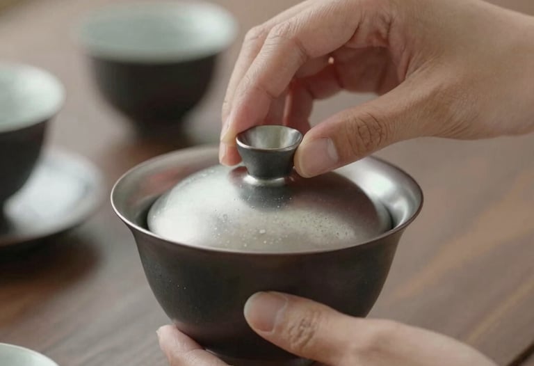 Close-up of two hands performing a traditional tea ceremony ritual, emphasizing precision and grace. Soft, natural lighting on silver and charcoal ceramic.