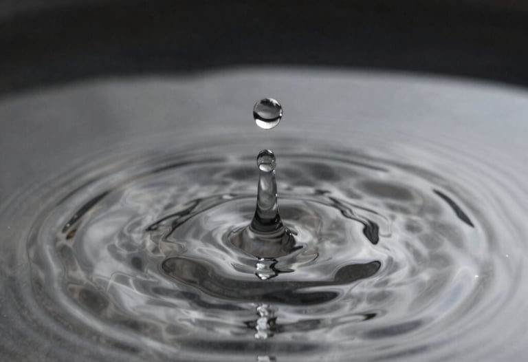 Macro shot of a drop of water falling into a still pond, creating perfect concentric circles. Black and silver tones, serene and precise.