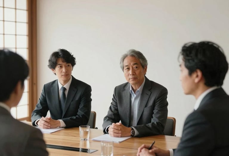 Portrait photography of a modern, professional meeting in a minimalist space with Japanese wooden elements. Natural lighting, charcoal and off white palette. Hispanic / Japanese-inspired atmosphere.