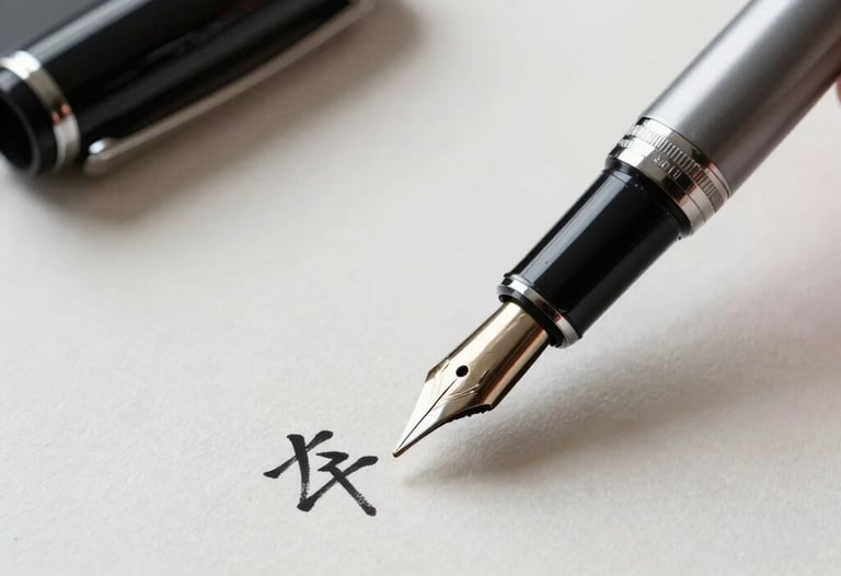 A close-up of a high-end fountain pen writing Japanese calligraphy on textured handmade paper. Minimalist workspace with charcoal and silver accents.