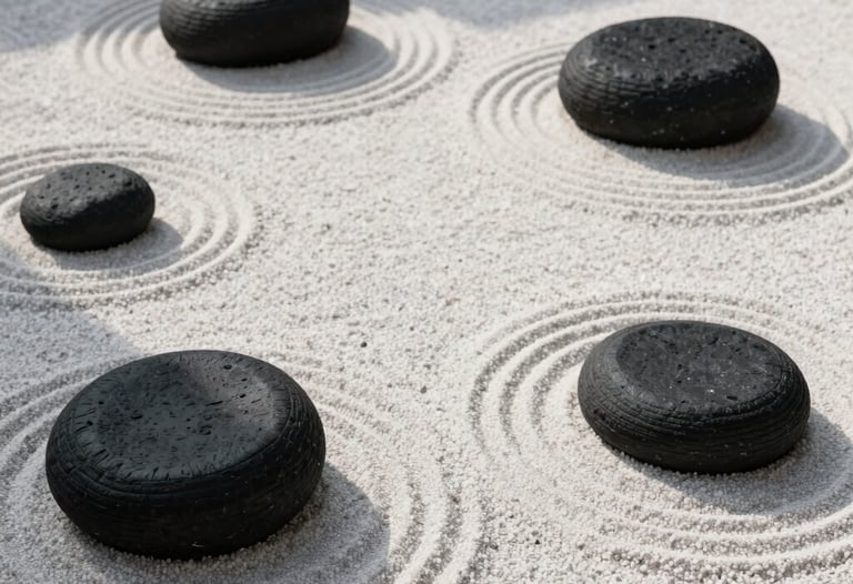 Top-down photography of a minimalist Zen rock garden with perfectly raked white sand and black basalt stones. Sunlight creates soft shadows. Hispanic / Japanese-inspired aesthetic.
