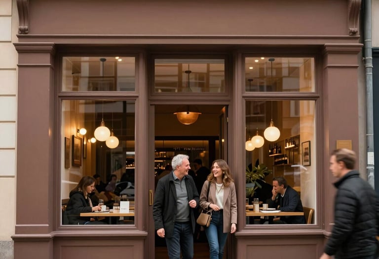 Opening day of a new urban restaurant location in Germany, elegant earthy facade, warm welcoming glow from the windows, happy people arriving.