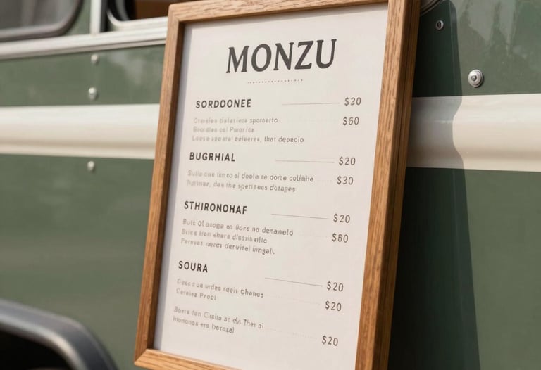 Close-up of a branded wooden menu board on a stylish food truck exterior, showing attention to detail, soft daylight, warm atmosphere.