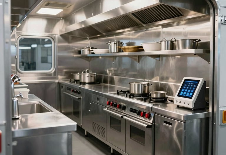 Modern stainless steel professional kitchen interior of a high-end food trailer, clean prep counters, modern cooking appliances, smart compact layout, expert craftsmanship.