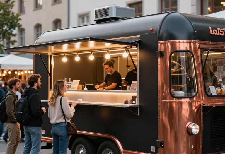 A premium customized food trailer parked at a lively urban street food market in Germany, matte black and terracotta copper finish, warm lights glowing from inside, happy customers waiting, daytime photo.